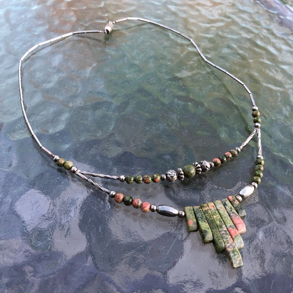 Vintage Green & Pink Jasper Silver Necklace